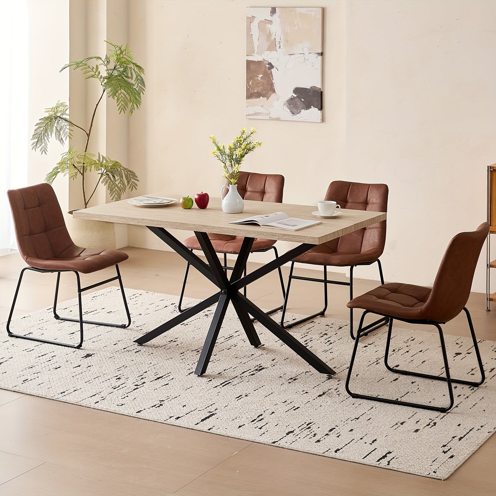 Five-Piece Set of a 55.12inch Rectangular Dining Table And Chair Combination for Four People, Featuring an Industrial-Style Wood Grain Table And Faux Leather Cushioned Chairs, Suitable for Small Apartments And Home Dining