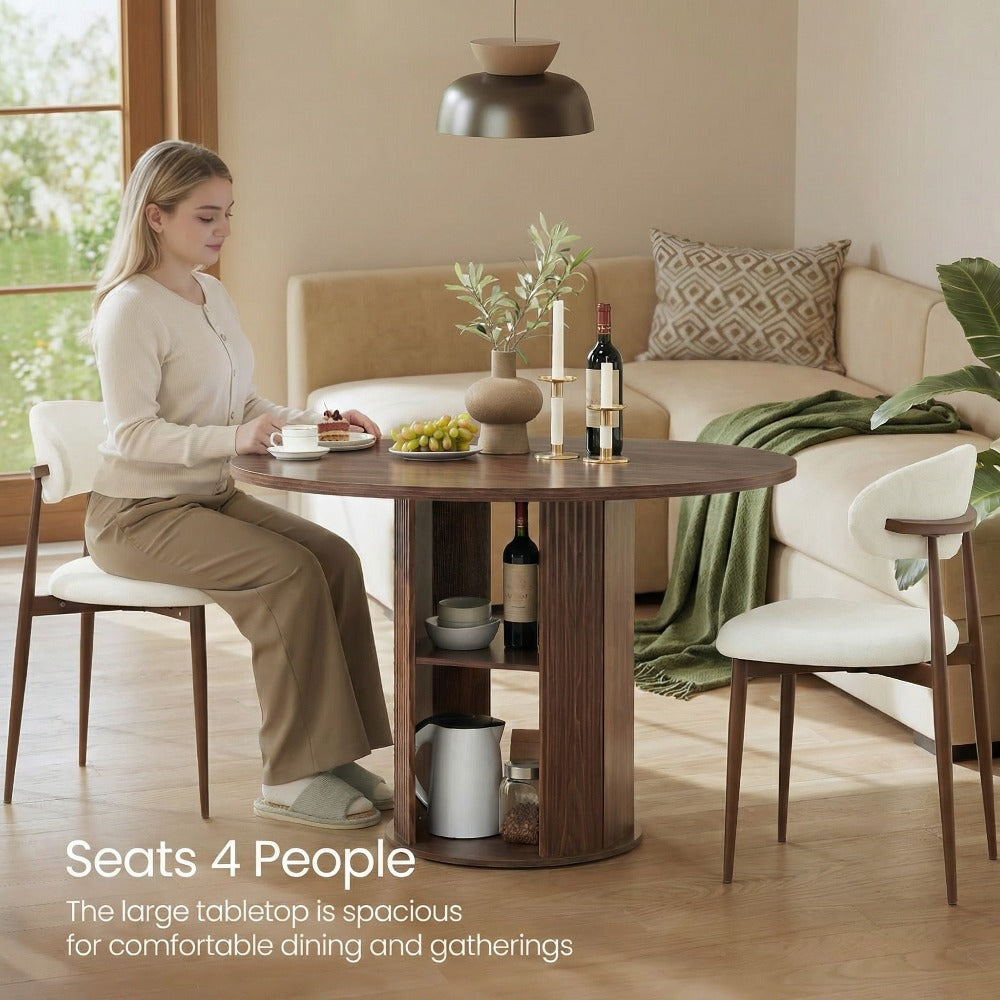 Andehomy 3pcs Retro Round Dining Table Set with 2 Chairs - Fluted Tabletop & Wood Base Suitable for 2-4 People, Space-Saving Small Kitchen Table with Fabric Upholstered Chairs, Walnut Brown for, Living Room, Compact Dining Room