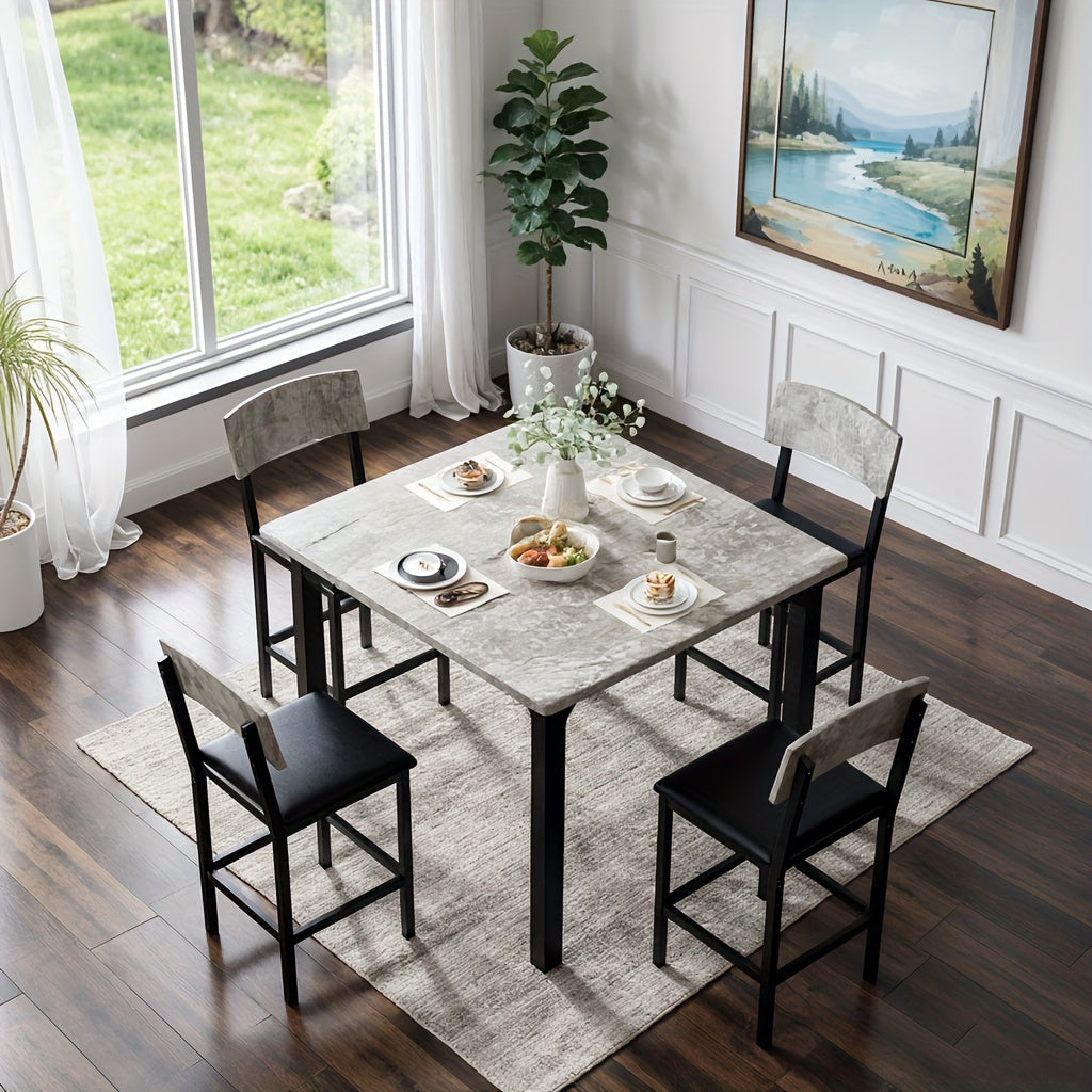 5pcs Dining Table Set for 4, Counter Height Table with 4 Upholstered Bar Stools, Modern Kitchen Table & Chairs Set Of 4 with Footrest & Backrest, Compact Dining Set for Pub, Dining Room, Restauran