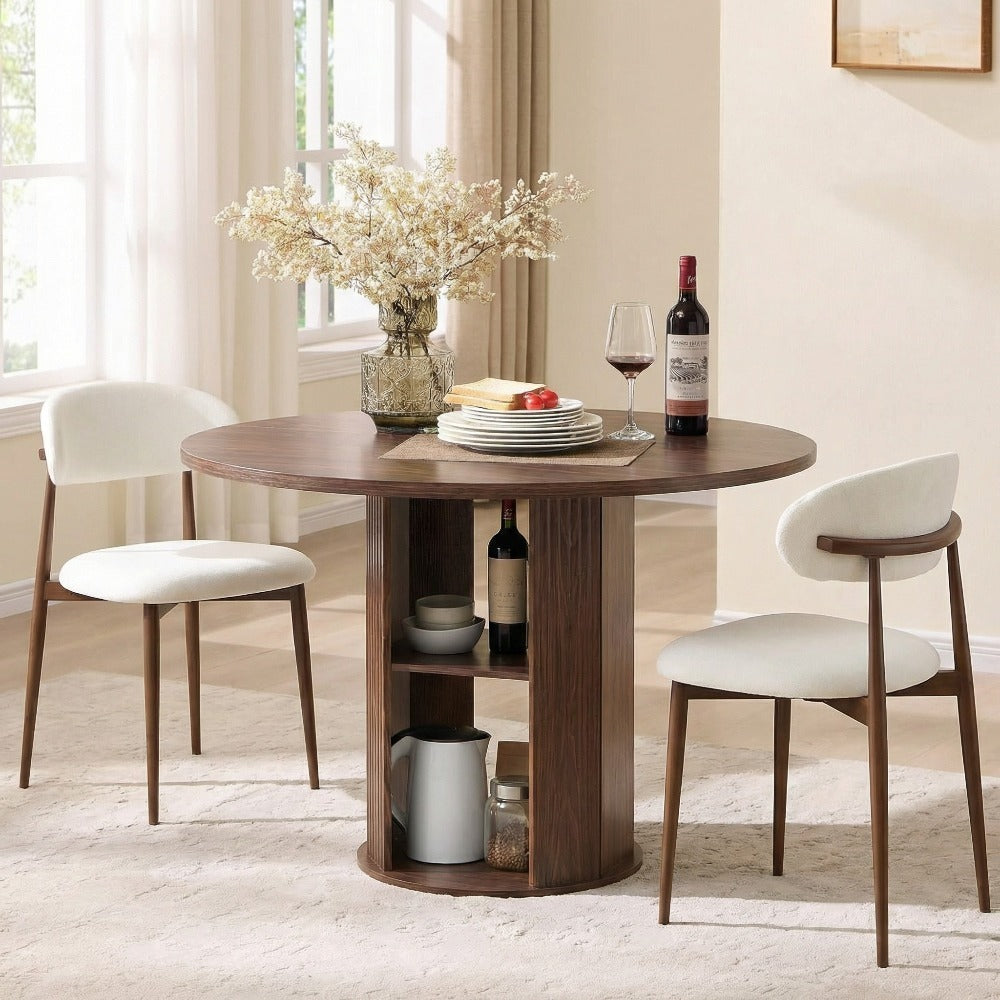 Andehomy 3pcs Retro Round Dining Table Set with 2 Chairs - Fluted Tabletop & Wood Base Suitable for 2-4 People, Space-Saving Small Kitchen Table with Fabric Upholstered Chairs, Walnut Brown for, Living Room, Compact Dining Room