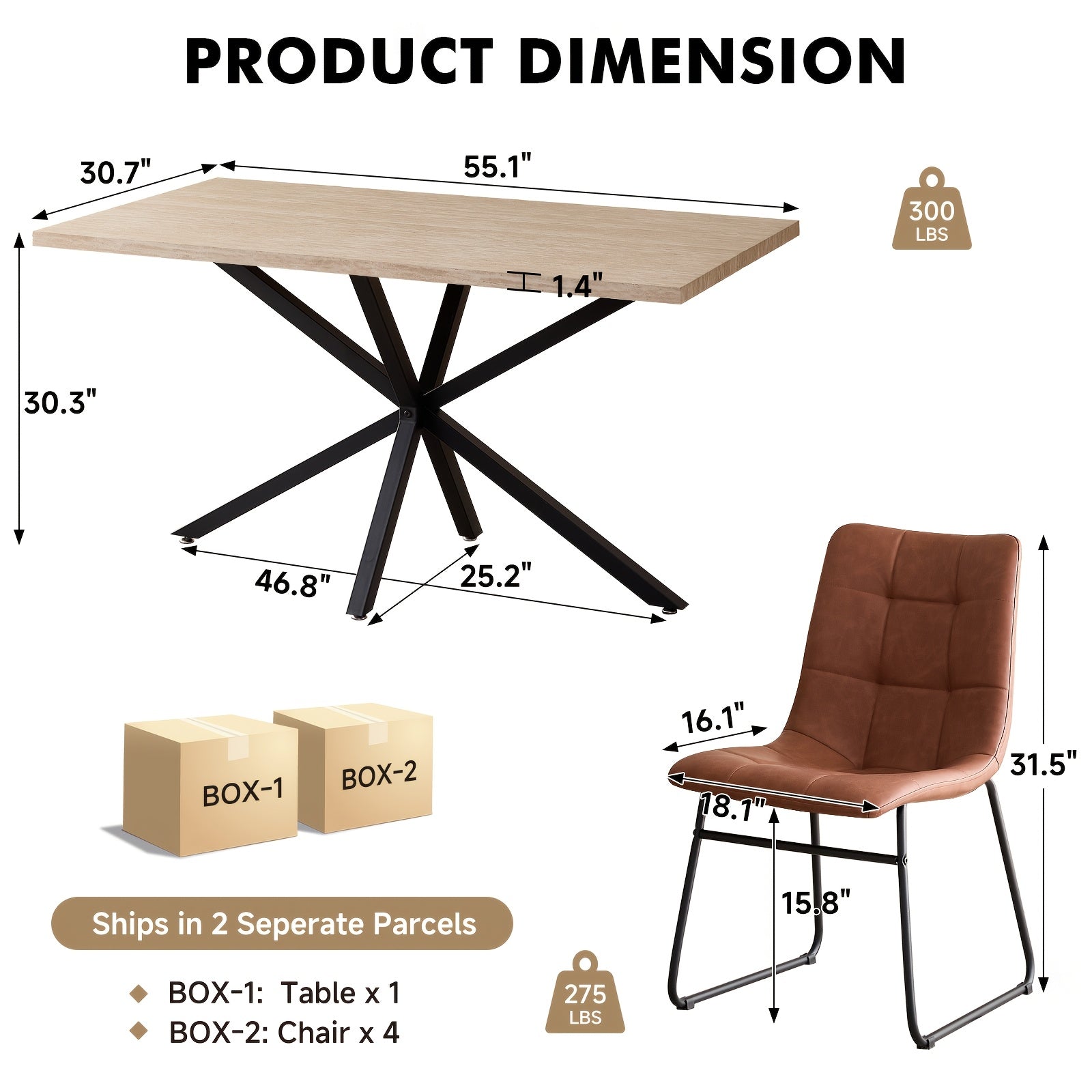 Five-Piece Set of a 55.12inch Rectangular Dining Table And Chair Combination for Four People, Featuring an Industrial-Style Wood Grain Table And Faux Leather Cushioned Chairs, Suitable for Small Apartments And Home Dining