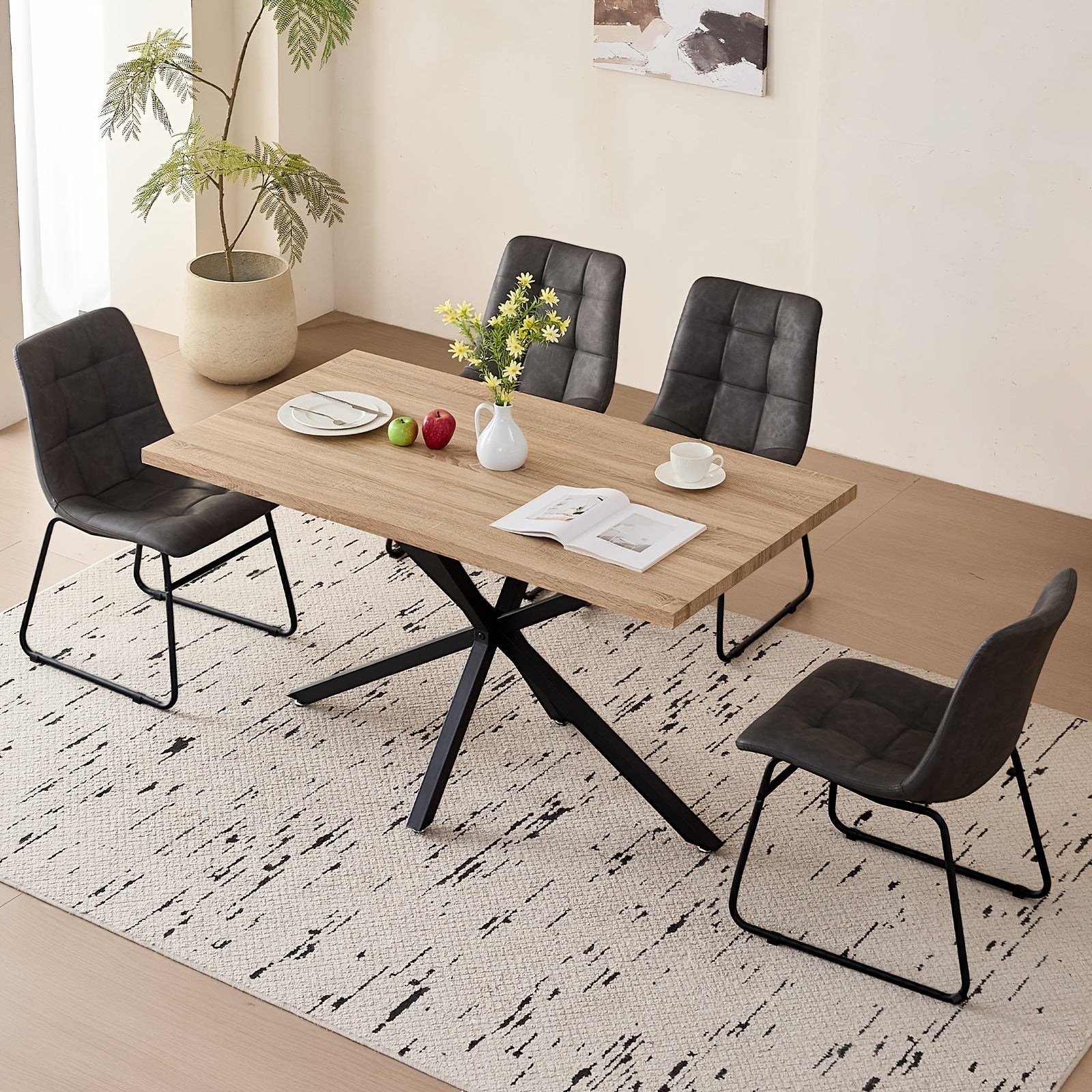 Five-Piece Set of a 55.12inch Rectangular Dining Table And Chair Combination for Four People, Featuring an Industrial-Style Wood Grain Table And Faux Leather Cushioned Chairs, Suitable for Small Apartments And Home Dining