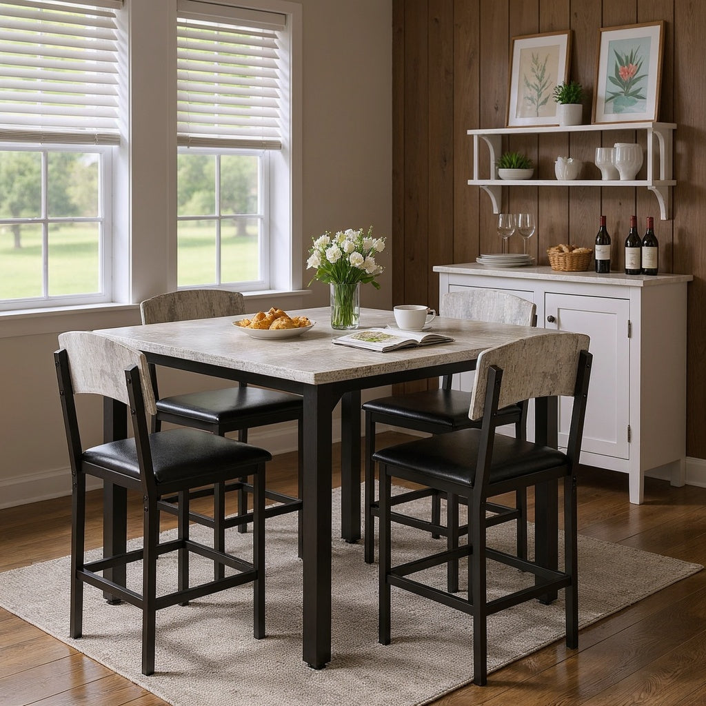 5pcs Dining Table Set for 4, Counter Height Table with 4 Upholstered Bar Stools, Modern Kitchen Table & Chairs Set Of 4 with Footrest & Backrest, Compact Dining Set for Pub, Dining Room, Restauran