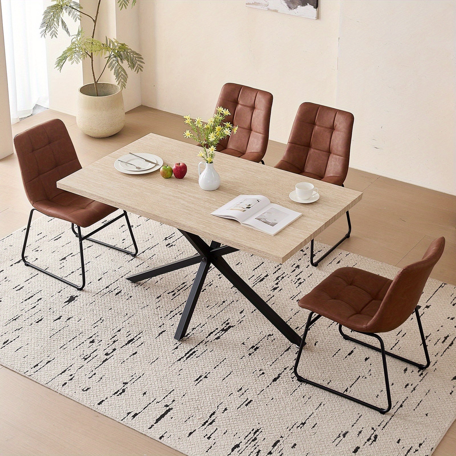 Five-Piece Set of a 55.12inch Rectangular Dining Table And Chair Combination for Four People, Featuring an Industrial-Style Wood Grain Table And Faux Leather Cushioned Chairs, Suitable for Small Apartments And Home Dining