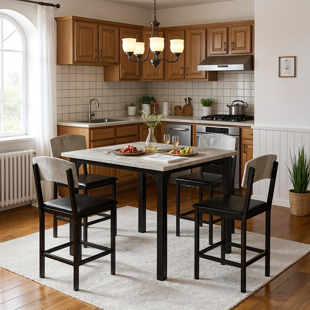 5pcs Dining Table Set for 4, Counter Height Table with 4 Upholstered Bar Stools, Modern Kitchen Table & Chairs Set Of 4 with Footrest & Backrest, Compact Dining Set for Pub, Dining Room, Restauran
