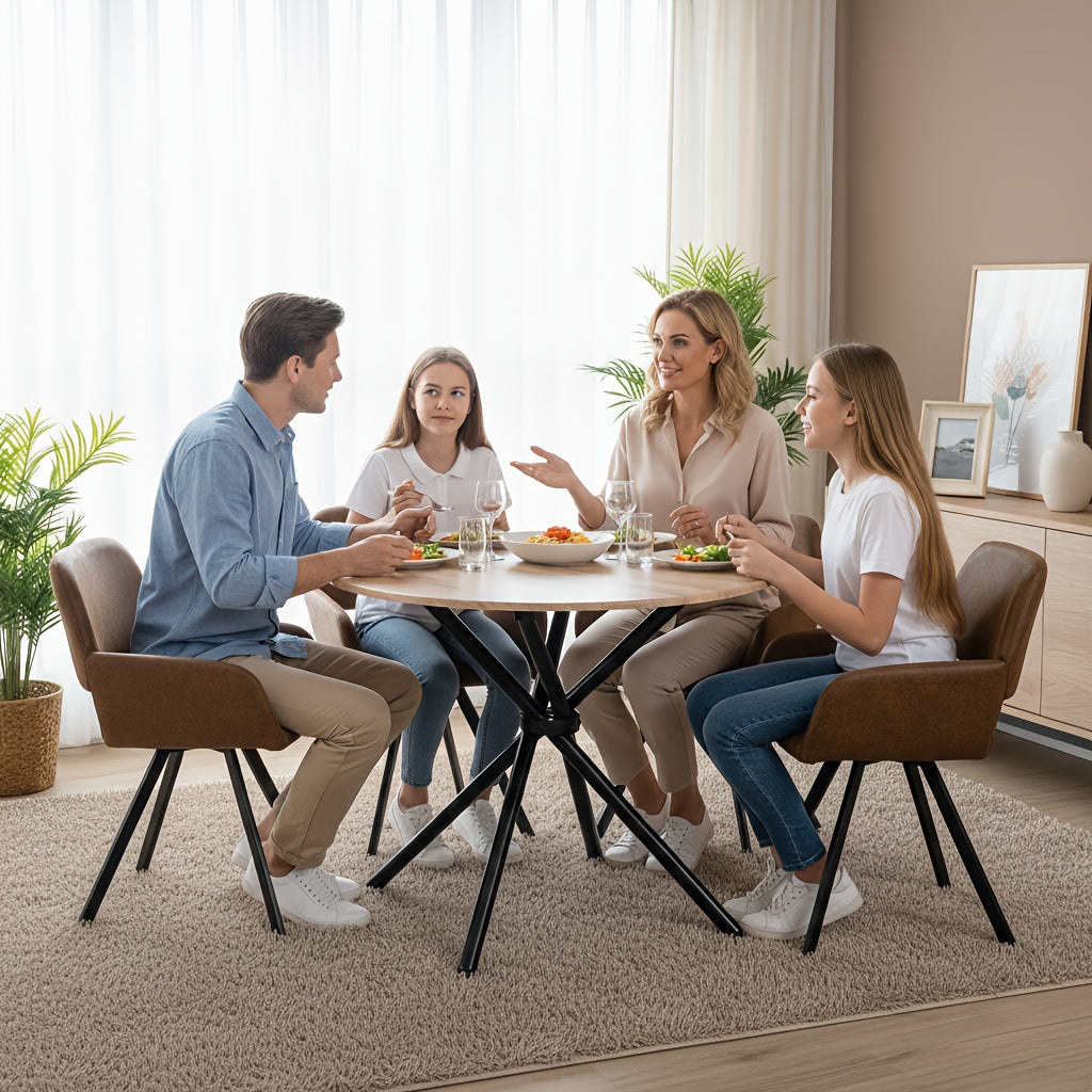 Mocha Walnut Round Kitchen Dining Table Set with Swivel California Dining Chairs, Durable Wood Top and Black Metal Base, Suede Upholstered Seating for Kitchen and Breakfast Area