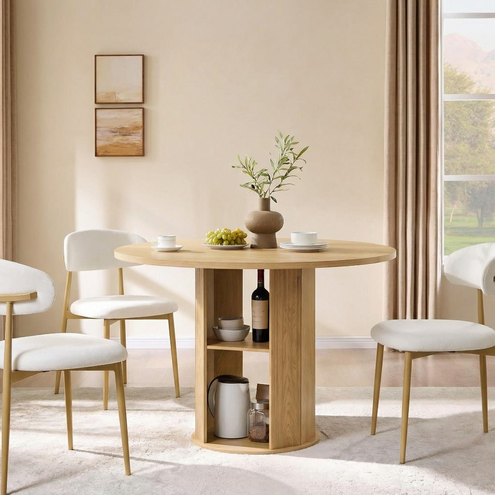 Andehomy 3pcs Retro Round Dining Table Set with 2 Chairs - Fluted Tabletop & Wood Base Suitable for 2-4 People, Space-Saving Small Kitchen Table with Fabric Upholstered Chairs, Walnut Brown for, Living Room, Compact Dining Room