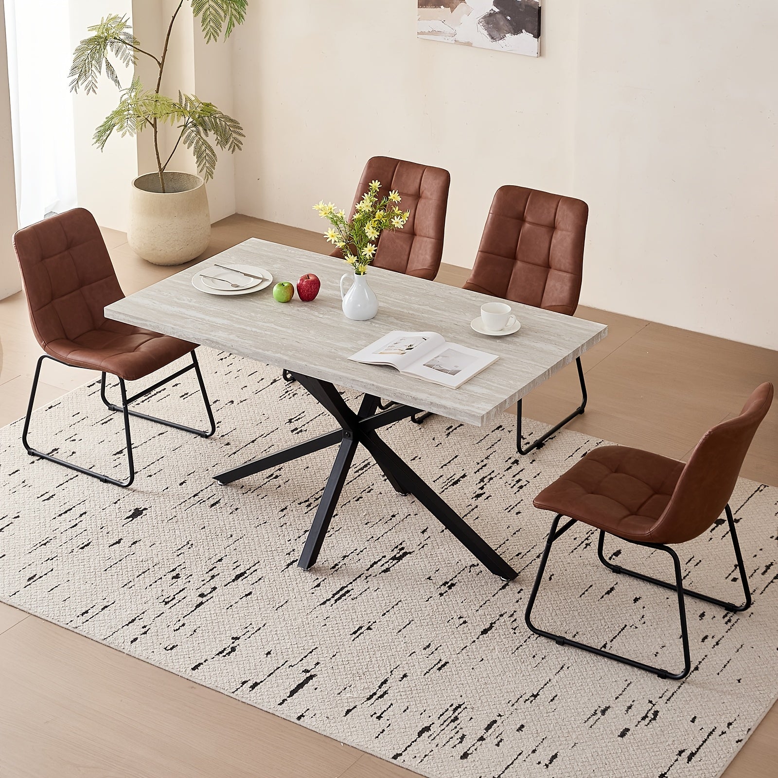 Five-Piece Set of a 55.12inch Rectangular Dining Table And Chair Combination for Four People, Featuring an Industrial-Style Wood Grain Table And Faux Leather Cushioned Chairs, Suitable for Small Apartments And Home Dining