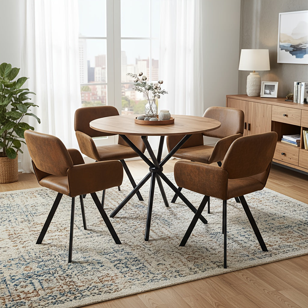 Mocha Walnut Round Kitchen Dining Table Set with Swivel California Dining Chairs, Durable Wood Top and Black Metal Base, Suede Upholstered Seating for Kitchen and Breakfast Area