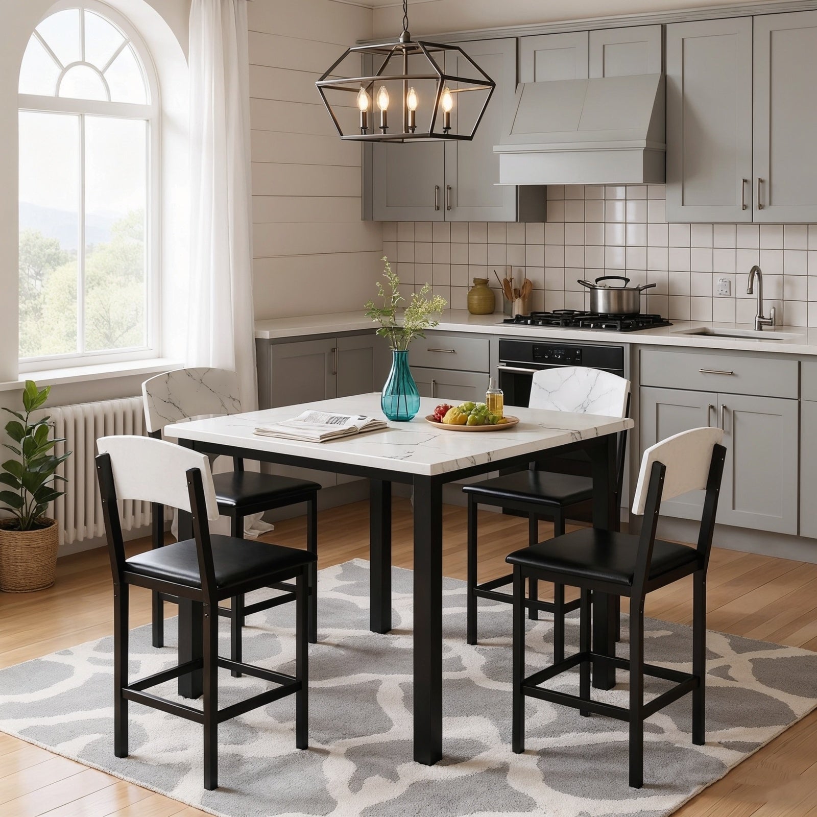 5pcs Dining Table Set for 4, Counter Height Table with 4 Upholstered Bar Stools, Modern Kitchen Table & Chairs Set Of 4 with Footrest & Backrest, Compact Dining Set for Pub, Dining Room, Restauran