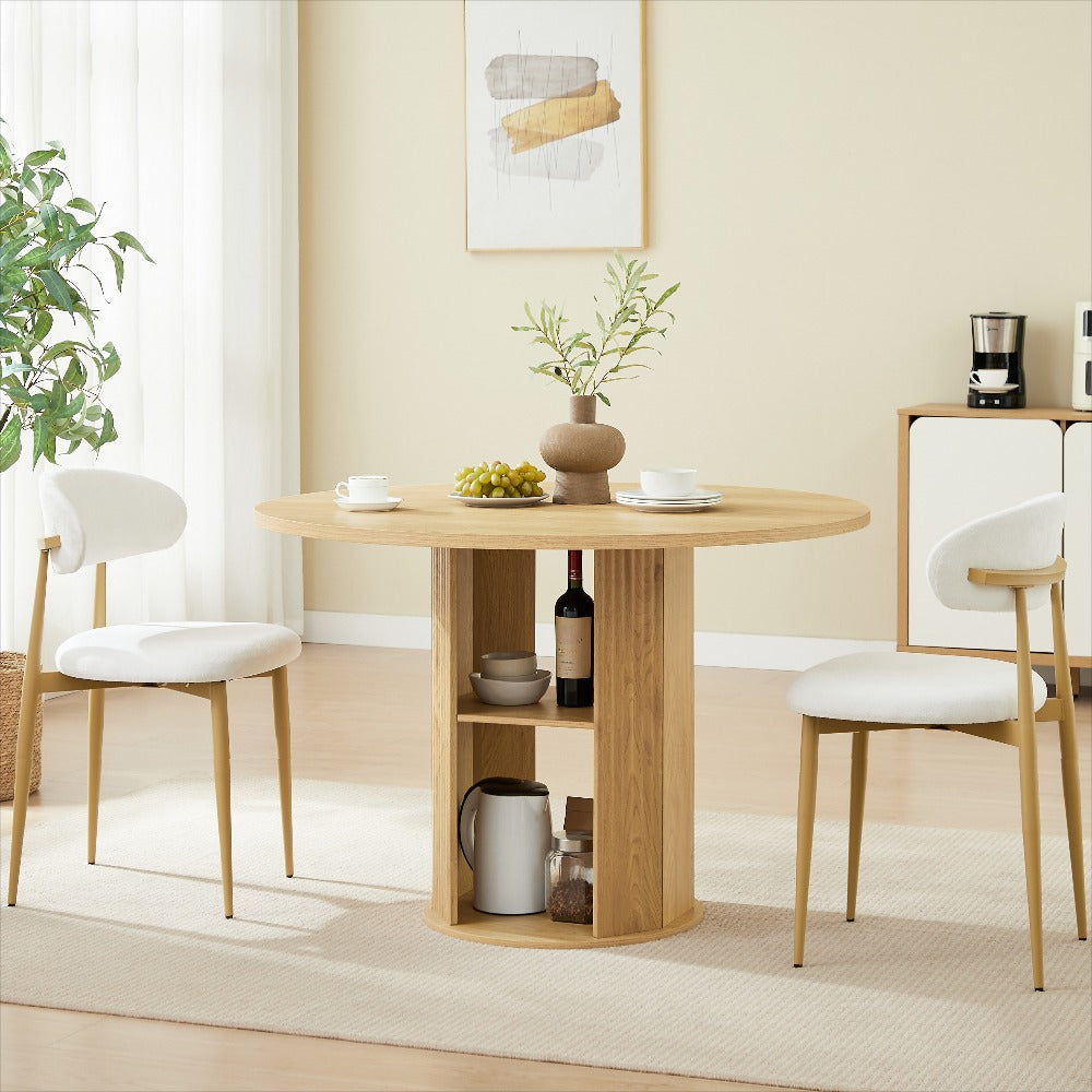 Andehomy 3pcs Retro Round Dining Table Set with 2 Chairs - Fluted Tabletop & Wood Base Suitable for 2-4 People, Space-Saving Small Kitchen Table with Fabric Upholstered Chairs, Walnut Brown for, Living Room, Compact Dining Room