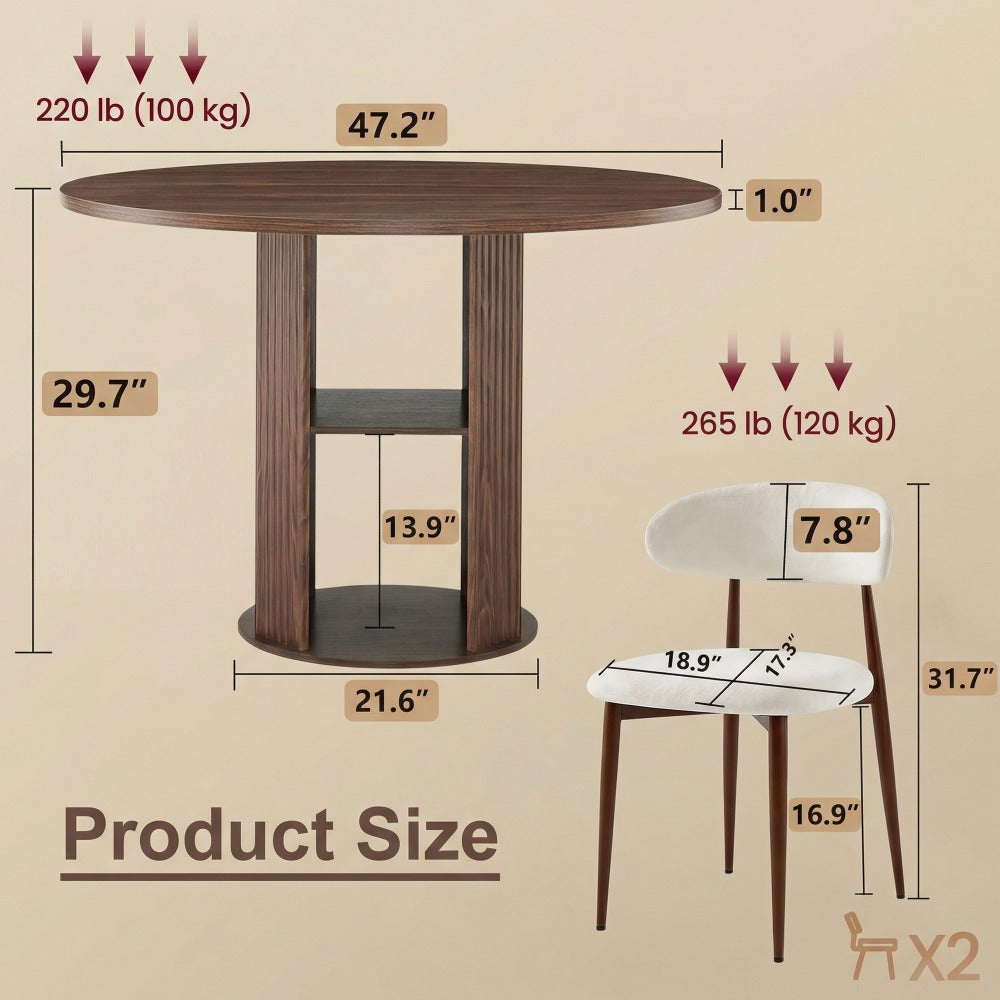 Andehomy 3pcs Retro Round Dining Table Set with 2 Chairs - Fluted Tabletop & Wood Base Suitable for 2-4 People, Space-Saving Small Kitchen Table with Fabric Upholstered Chairs, Walnut Brown for, Living Room, Compact Dining Room