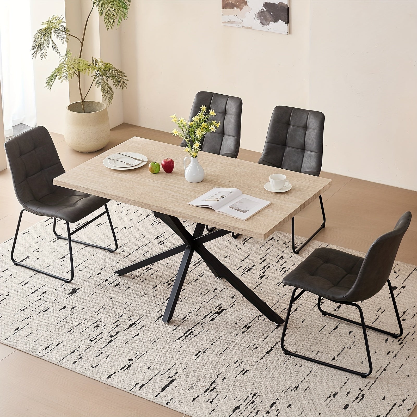Five-Piece Set of a 55.12inch Rectangular Dining Table And Chair Combination for Four People, Featuring an Industrial-Style Wood Grain Table And Faux Leather Cushioned Chairs, Suitable for Small Apartments And Home Dining