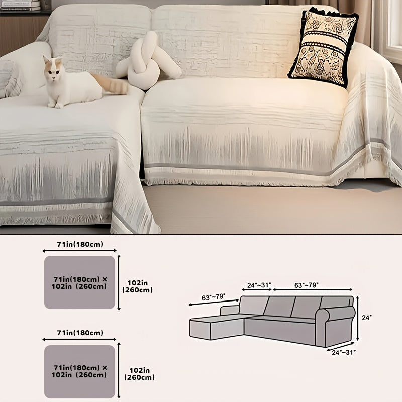 Set of 2 Vintage Striped Sofa Covers Designed for All Seasons, Featuring a Non-Slip One-Piece Style with Fringe Edges. These Double-Sided Covers Are Resistant to Cat Scratching, Dust-Proof, Breathable, Pet-Friendly, Machine Washable