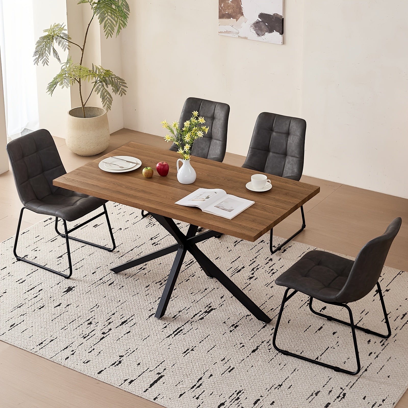 Five-Piece Set of a 55.12inch Rectangular Dining Table And Chair Combination for Four People, Featuring an Industrial-Style Wood Grain Table And Faux Leather Cushioned Chairs, Suitable for Small Apartments And Home Dining