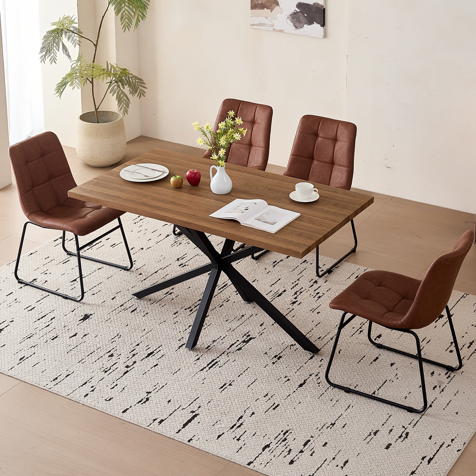 Five-Piece Set of a 55.12inch Rectangular Dining Table And Chair Combination for Four People, Featuring an Industrial-Style Wood Grain Table And Faux Leather Cushioned Chairs, Suitable for Small Apartments And Home Dining