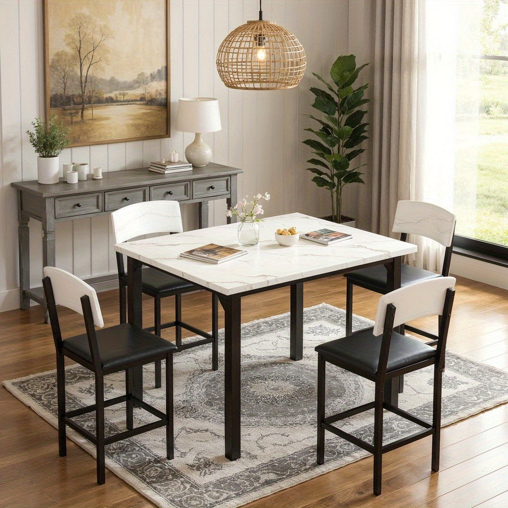 5pcs Dining Table Set for 4, Counter Height Table with 4 Upholstered Bar Stools, Modern Kitchen Table & Chairs Set Of 4 with Footrest & Backrest, Compact Dining Set for Pub, Dining Room, Restauran