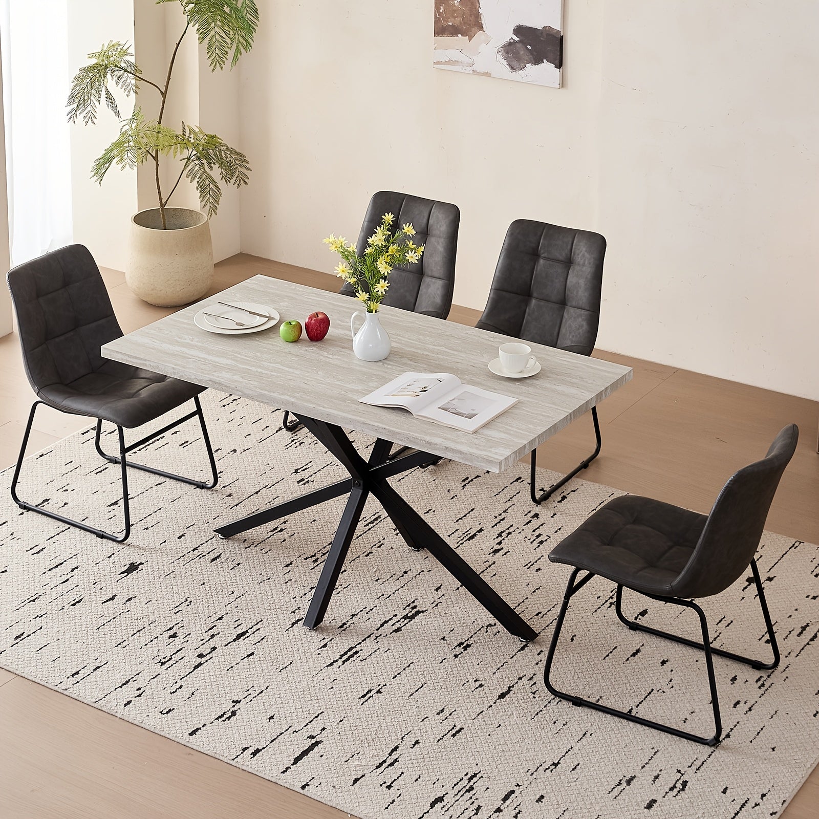 Five-Piece Set of a 55.12inch Rectangular Dining Table And Chair Combination for Four People, Featuring an Industrial-Style Wood Grain Table And Faux Leather Cushioned Chairs, Suitable for Small Apartments And Home Dining