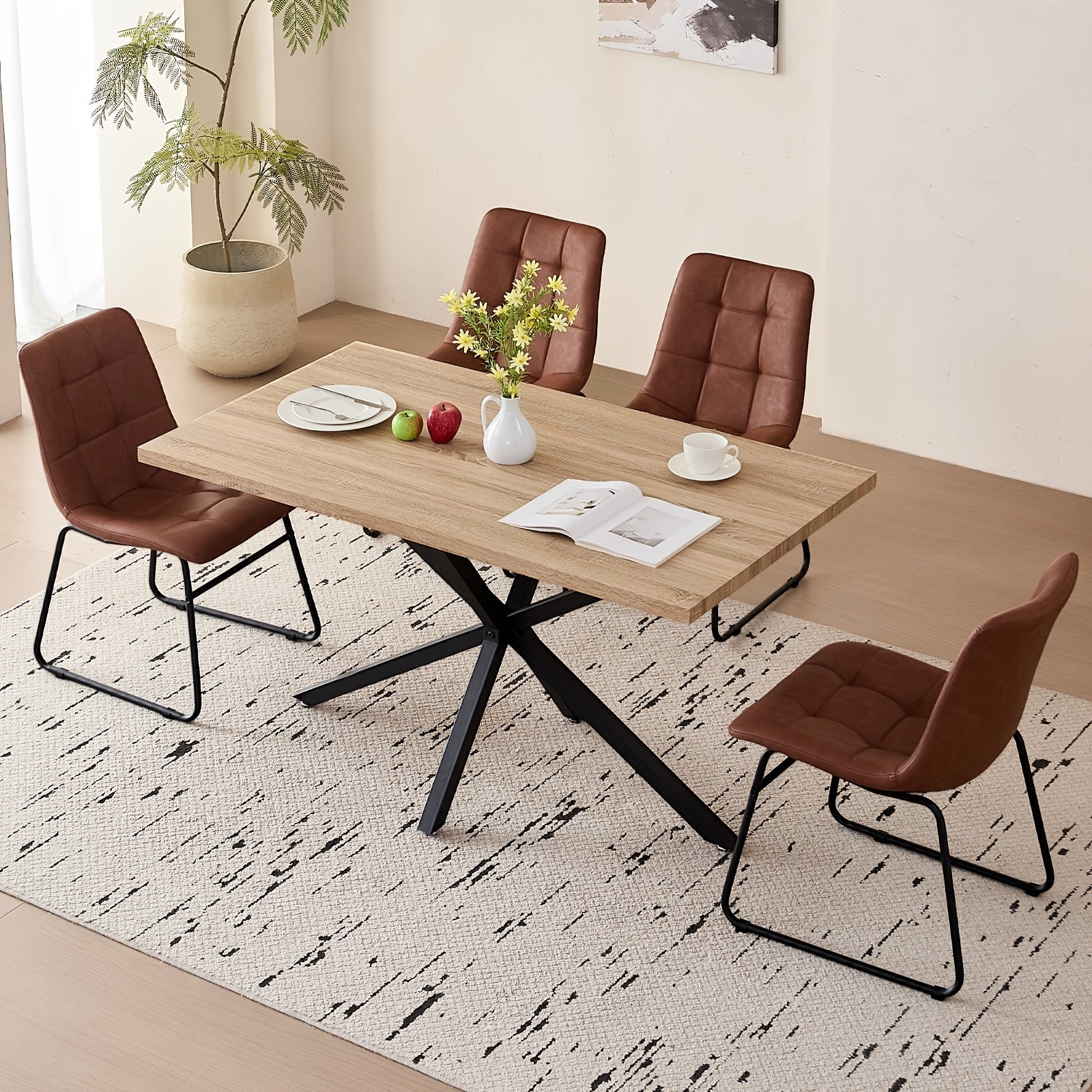 Five-Piece Set of a 55.12inch Rectangular Dining Table And Chair Combination for Four People, Featuring an Industrial-Style Wood Grain Table And Faux Leather Cushioned Chairs, Suitable for Small Apartments And Home Dining