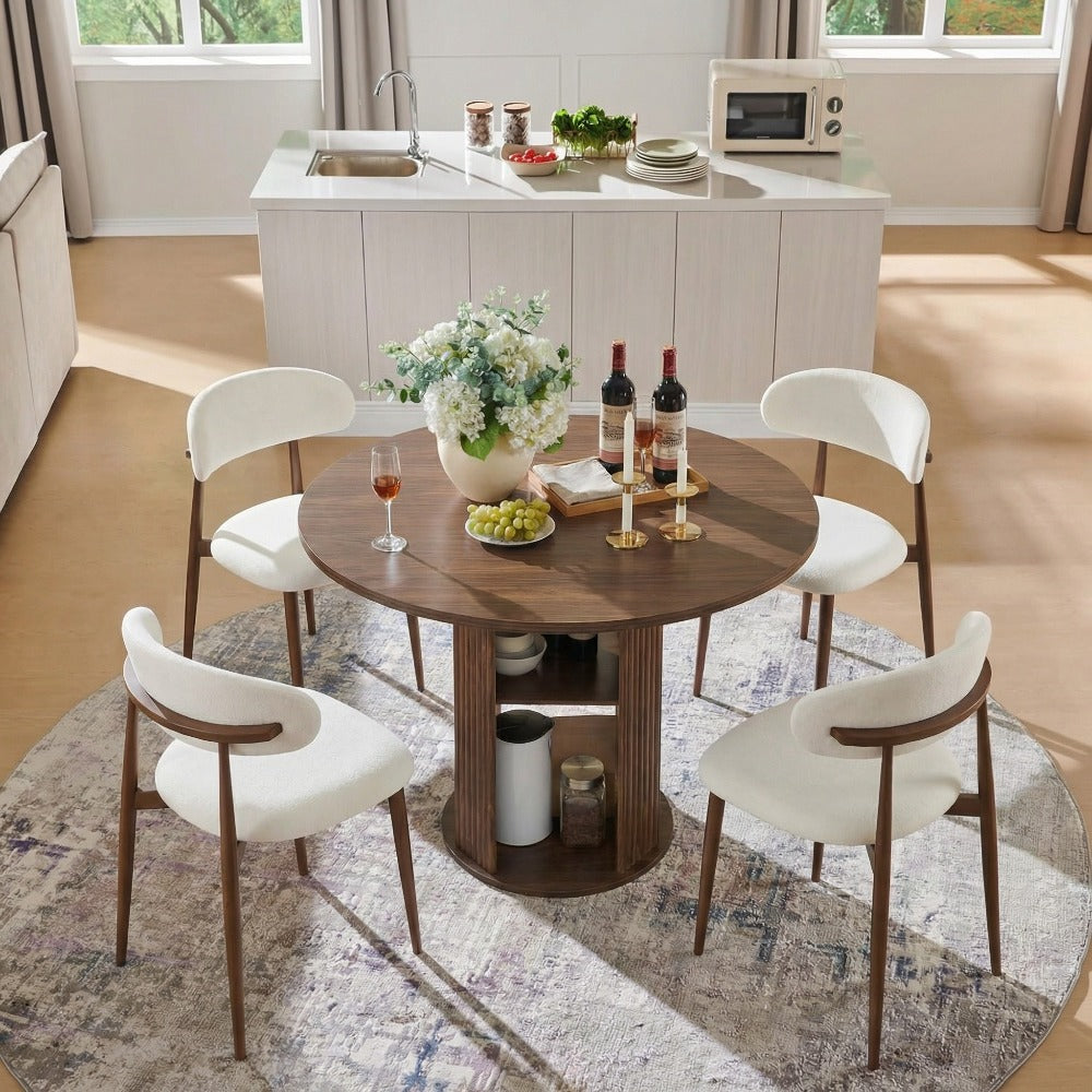 Andehomy 3pcs Retro Round Dining Table Set with 2 Chairs - Fluted Tabletop & Wood Base Suitable for 2-4 People, Space-Saving Small Kitchen Table with Fabric Upholstered Chairs, Walnut Brown for, Living Room, Compact Dining Room